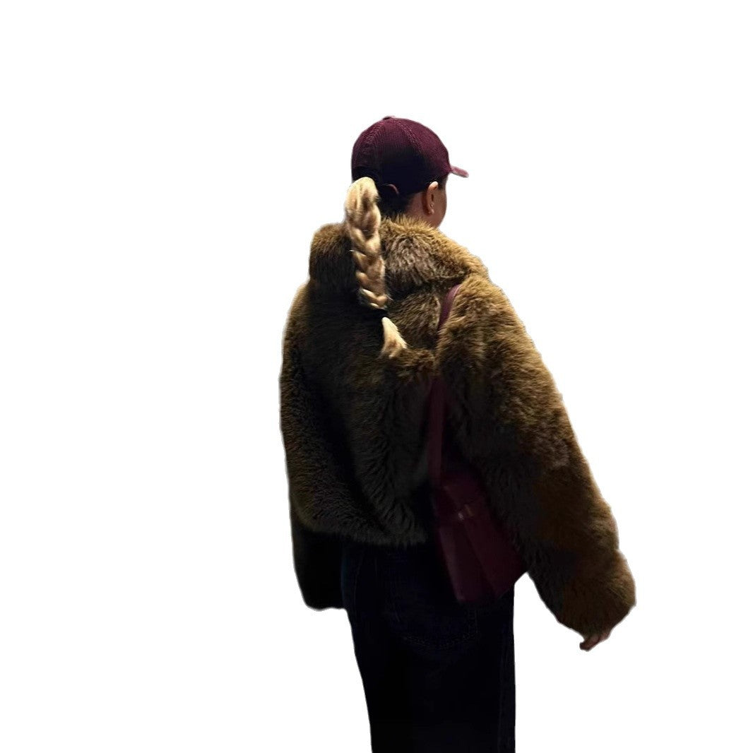 Damen Modische Kunstfelljacke mit cropped Schnitt und voluminösen Ärmeln R&B