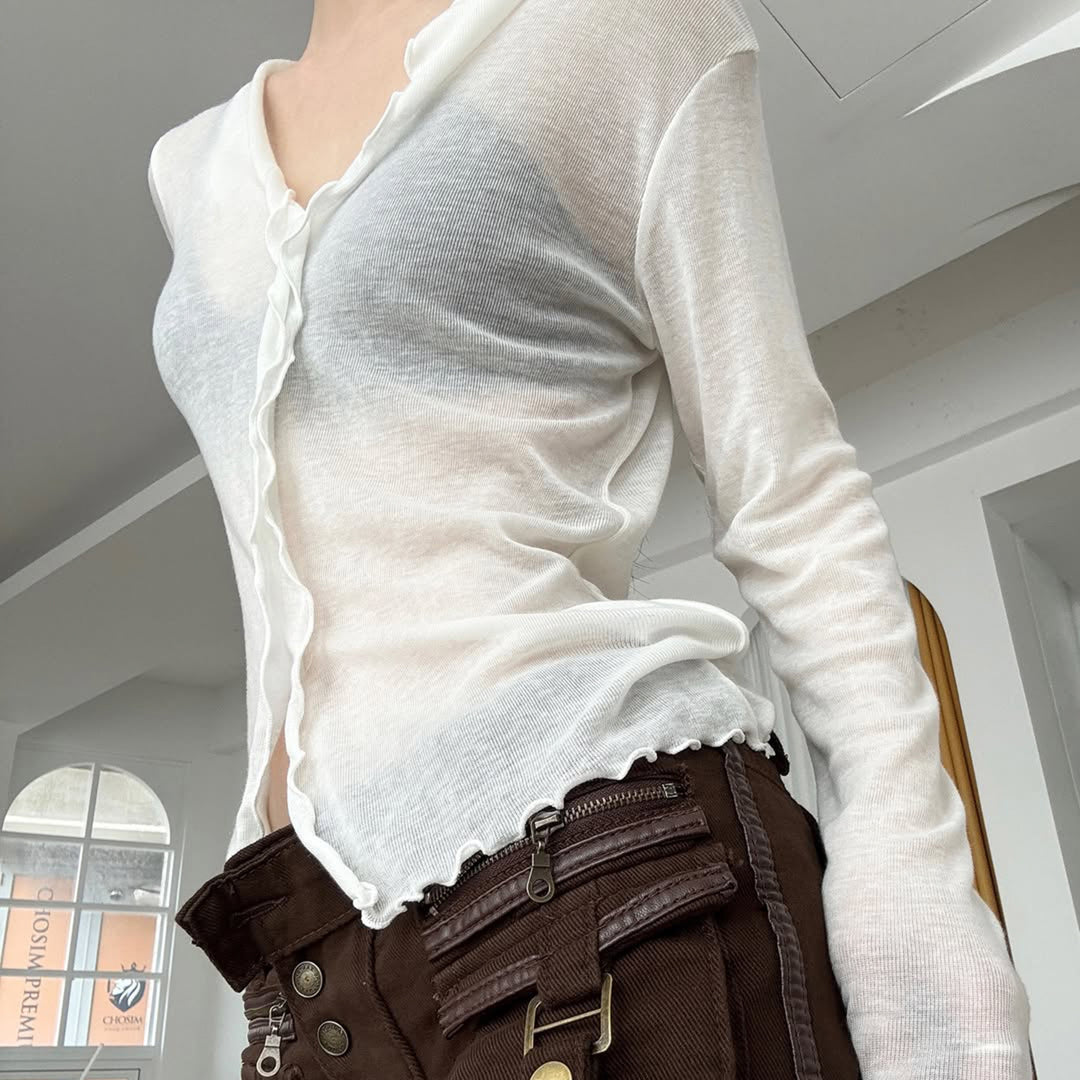 Damen luftiges Chiffon-Oberteil mit voluminösen Rüschendetails R&B