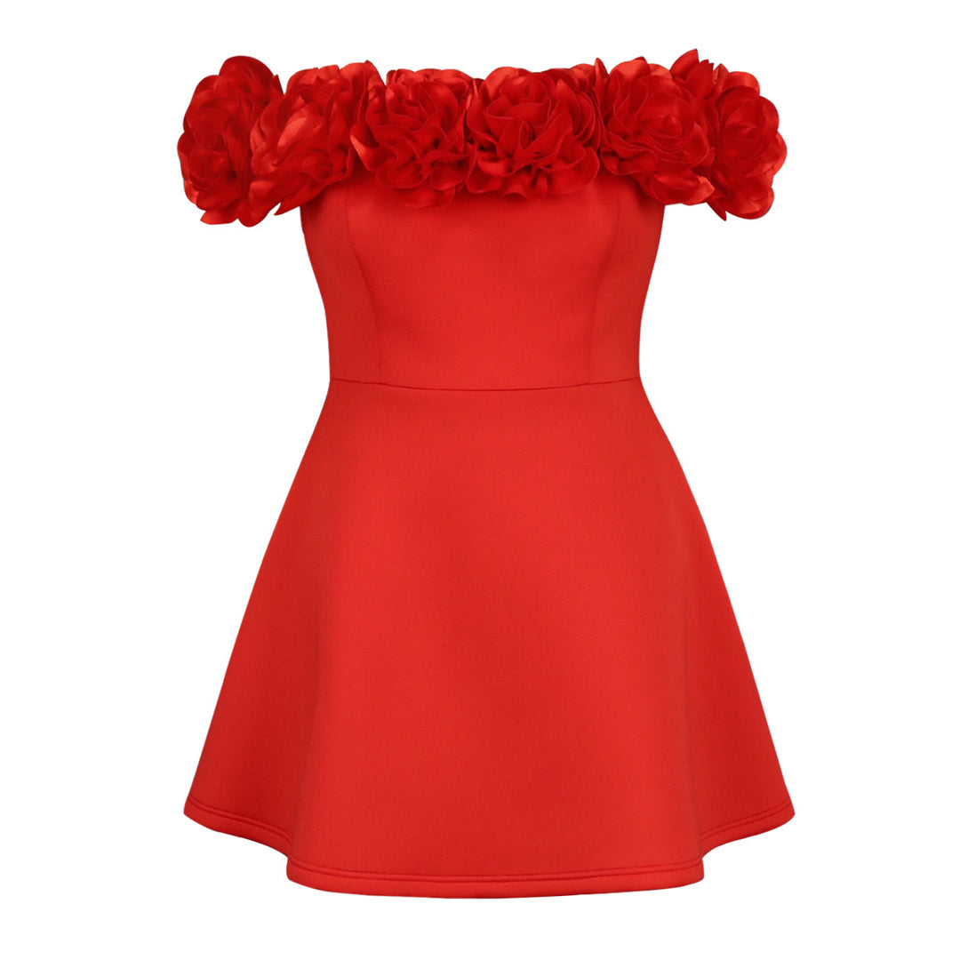 Damen Kleid mit Off-Shoulder Design und volumetrischem Blütenkragen R&B