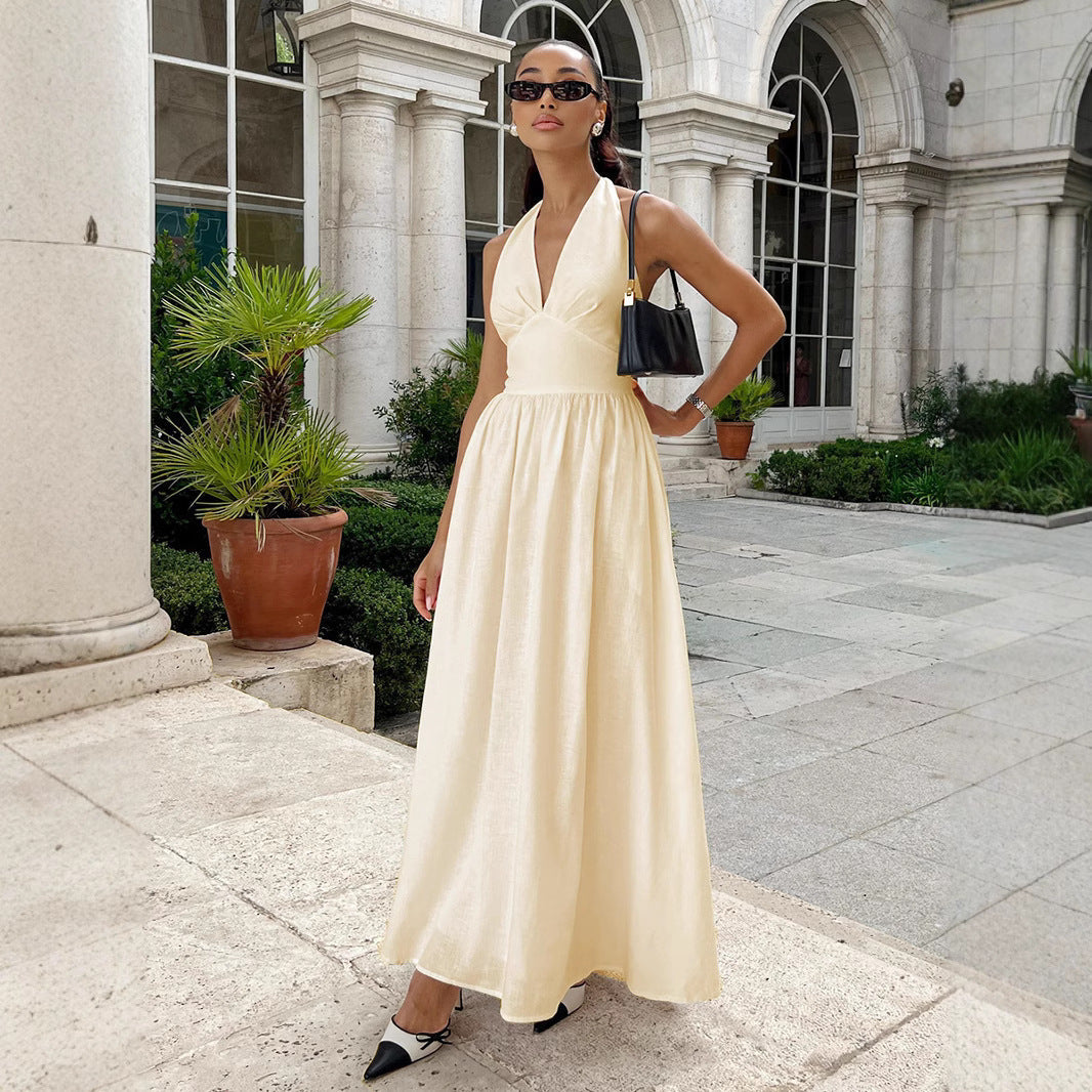 Damen Elegantes Maxikleid mit Halterneck-Design und fließendem Rock R&B