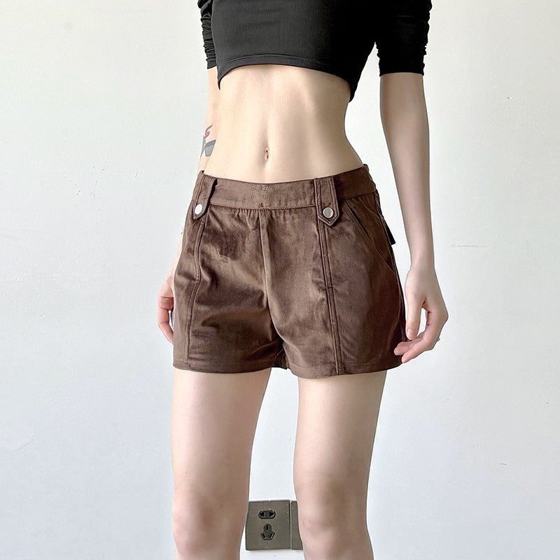 Damen Kunstleder Shorts mit dekorativem Knopf und figurbetontem Schnitt R&B