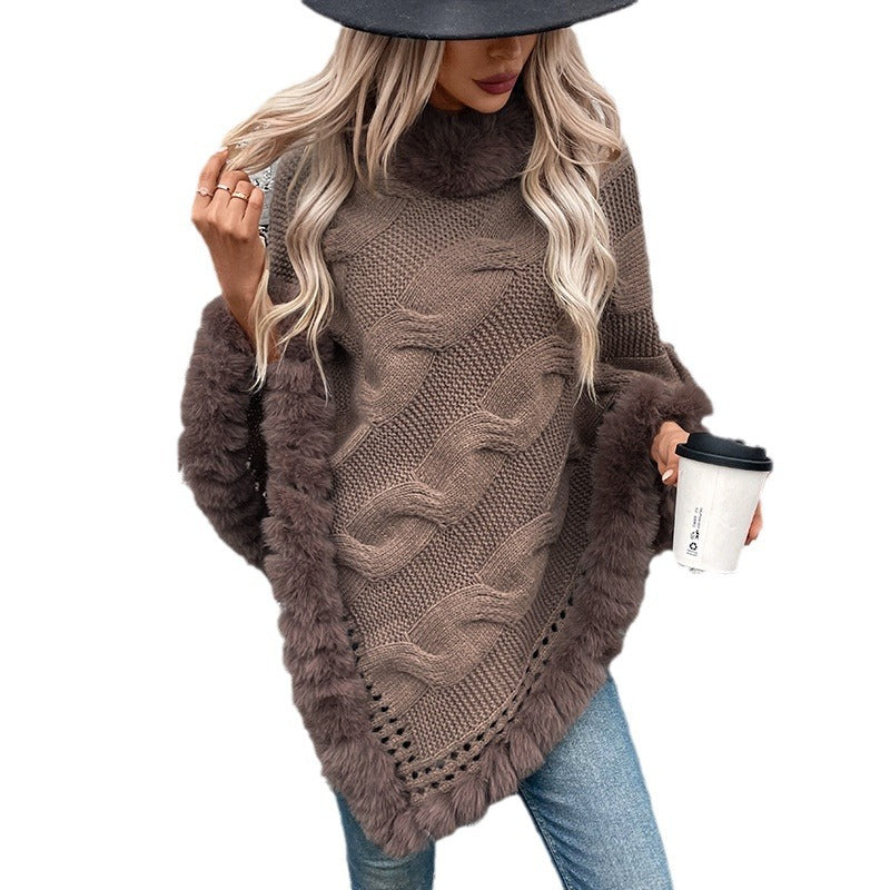 Damen kuschelige Strick-Poncho mit weichem Kunstfellbesatz und Zopfmuster R&B