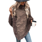 Damen kuschelige Strick-Poncho mit weichem Kunstfellbesatz und Zopfmuster