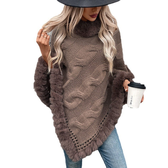 Damen kuschelige Strick-Poncho mit weichem Kunstfellbesatz und Zopfmuster R&B