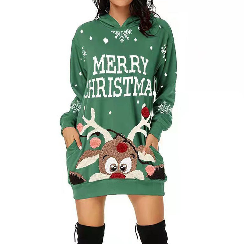 Damen Weihnachts-Kapuzenkleid mit auffälligem Rentier-Motiv R&B