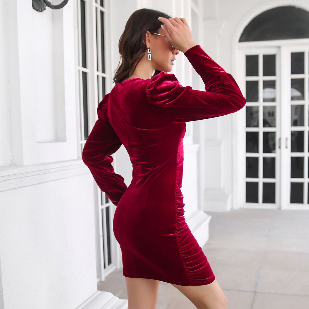 Damen figurbetontes Wickelkleid mit Puffärmeln und raffiniertem Ausschnitt R&B