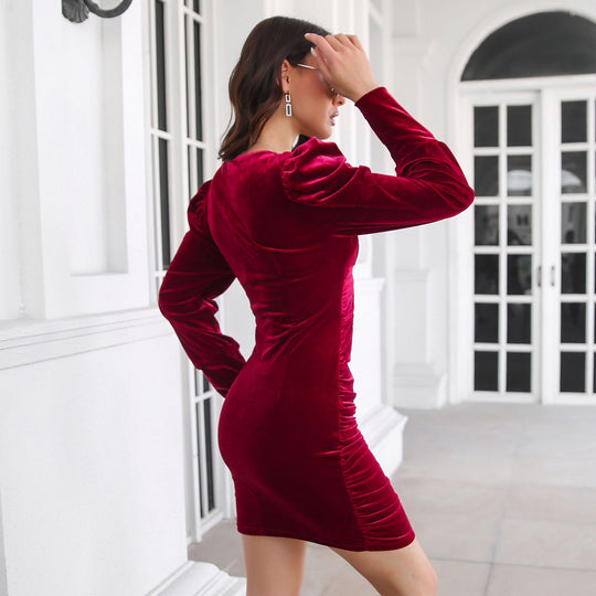Damen figurbetontes Wickelkleid mit Puffärmeln und raffiniertem Ausschnitt R&B