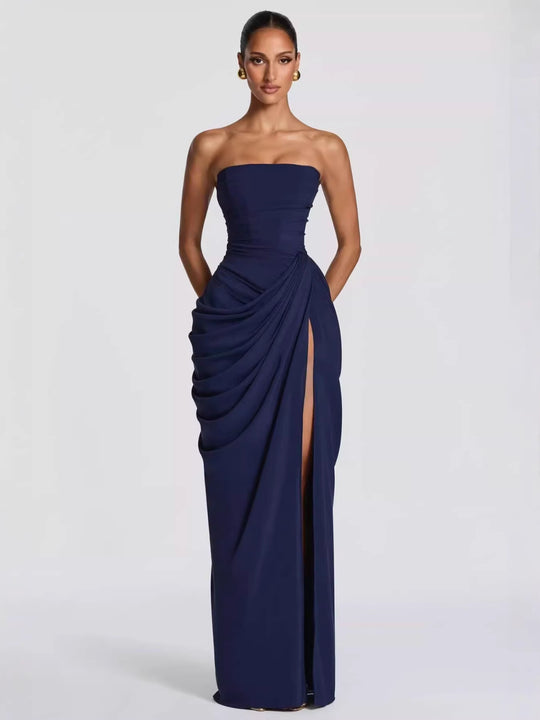 Damen Elegantes Bandeau Abendkleid mit Raffungen und Beinschlitz R&B