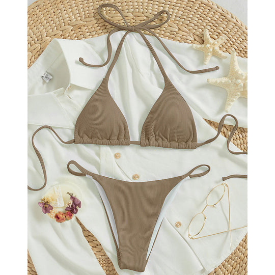Damen Triangel-Bikini-Set mit verstellbaren Schnüren und feinem Strukturmuster R&B