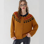 Damen kuscheliger Strickcardigan mit grafischem Norweger-Muster und Holzknopfdetails R&B