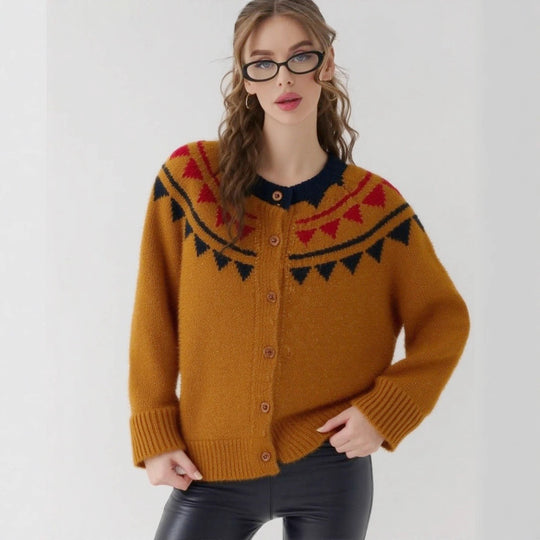 Damen kuscheliger Strickcardigan mit grafischem Norweger-Muster und Holzknopfdetails R&B