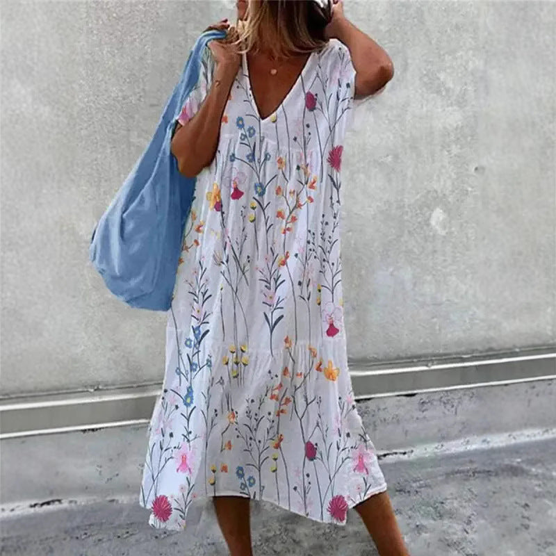 Damen lässiges Sommerkleid mit V-Ausschnitt und voluminösem Rock EB