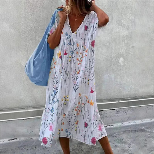 Damen lässiges Sommerkleid mit V-Ausschnitt und voluminösem Rock R&B
