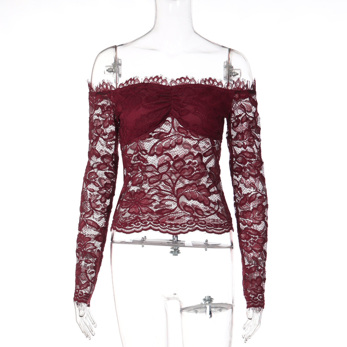 Damen Spitzencrop-Top mit Off-Shoulder Design und Rüschendetails R&B