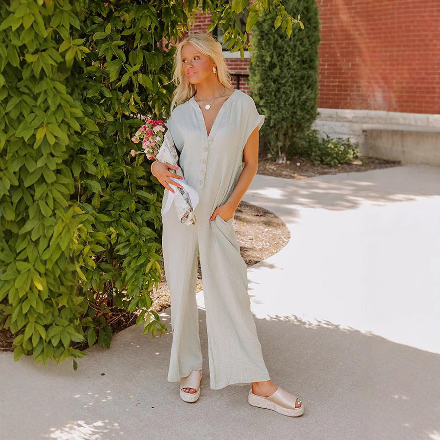 Damen Weitgeschnittener Jumpsuit mit Knopfleiste und Taschen R&B