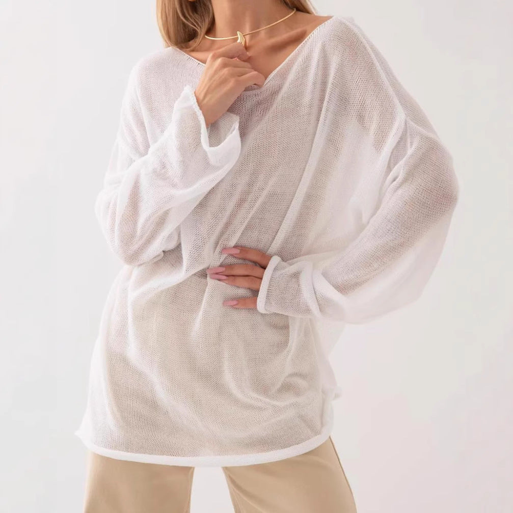 Damen luftige Strickbluse mit offenen Schultern und weiten Ärmeln R&B