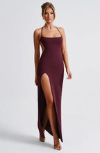 Damen Elegantes Maxikleid mit seitlichem Schlitz und dünnen Trägern EB