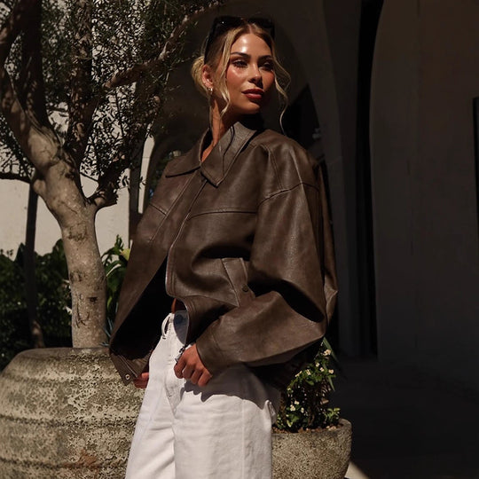 Damen Kunstlederjacke mit lässigem Oversized-Schnitt R&B