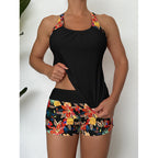 Damen Sportliches Badeanzug-Set mit Cross-Back-Design und Blumenmuster R&B