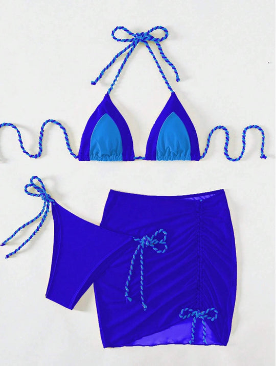 Damen Triangel-Bikini-Set mit Raffungen und Bindebändern R&B