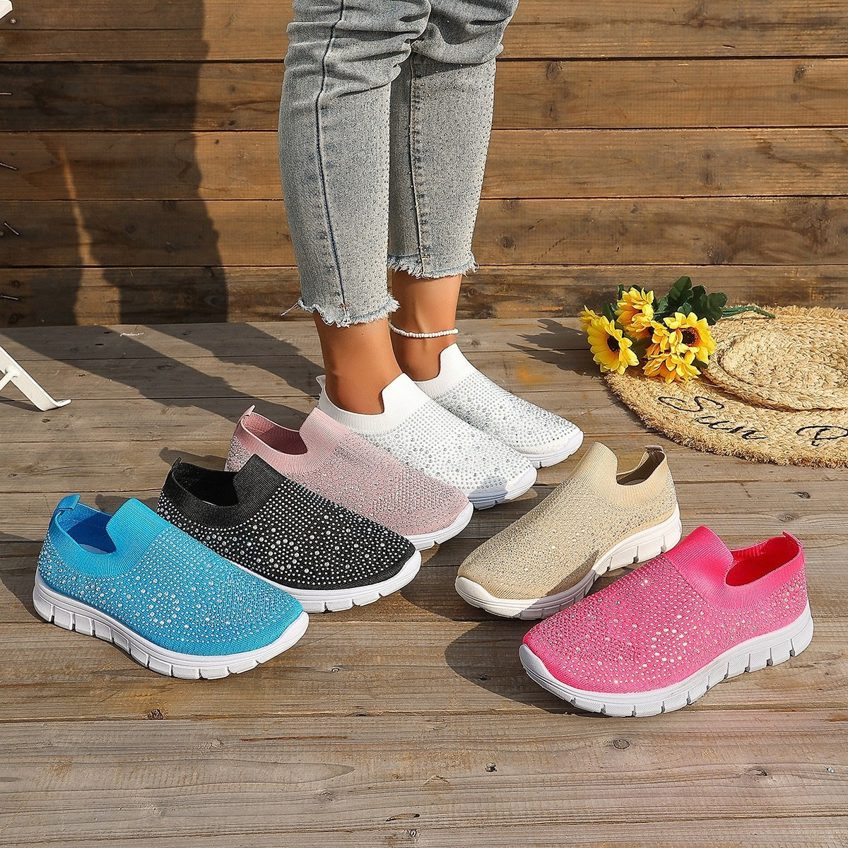 Damen Slip-On Sneakers mit funkelnden Strass-Applikationen R&B