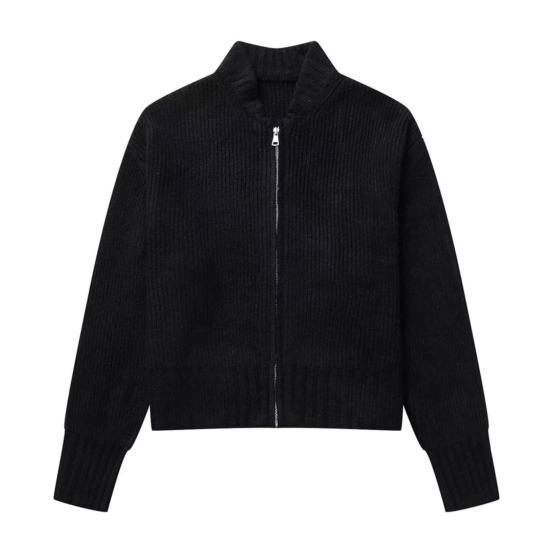 Damen modische Strickjacke mit hohem Kragen und Reißverschluss R&B