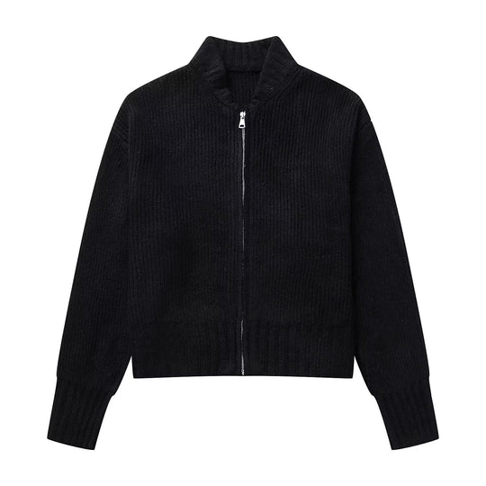 Damen modische Strickjacke mit hohem Kragen und Reißverschluss R&B