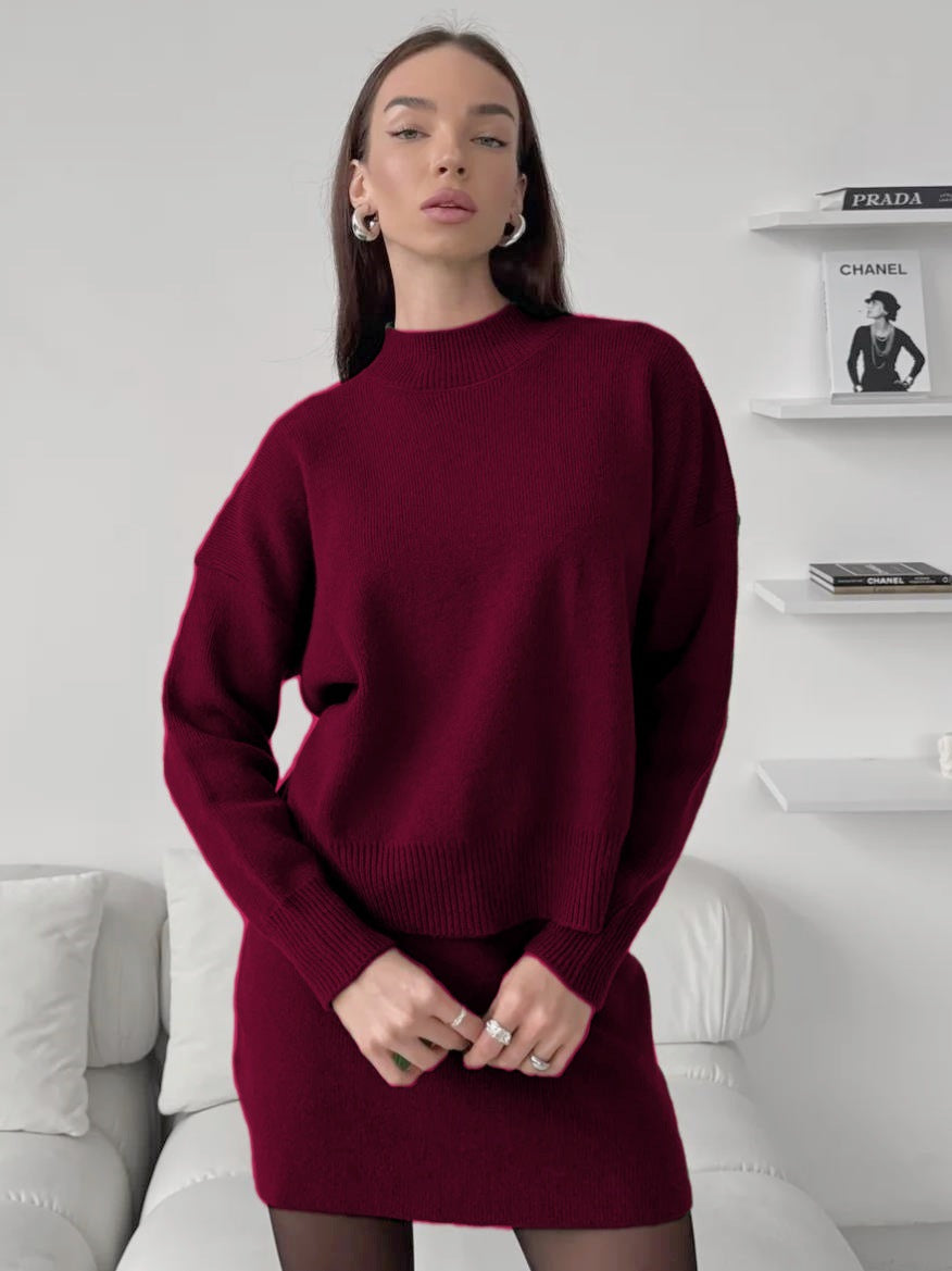 Damen kuscheliges Strickensemble mit hochgeschlossenem Design und ausgestelltem Rock R&B