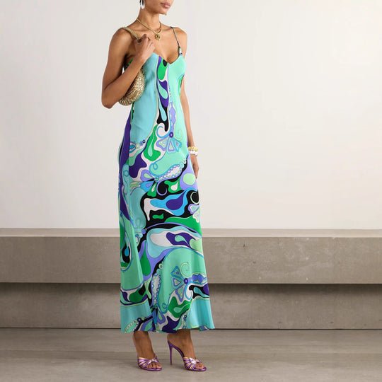 Damen nan elegantes Slip-Maxikleid mit V-Ausschnitt, filigranen Spaghettiträgern und retro-grafischem Allover-Print R&B