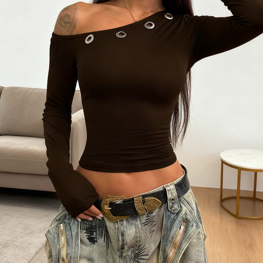 Damen Off-Shoulder Oberteil mit dekorativen Ösen R&B