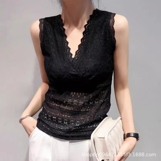 Damen Spitzen Tanktop mit V-Ausschnitt und romantischen Details R&B