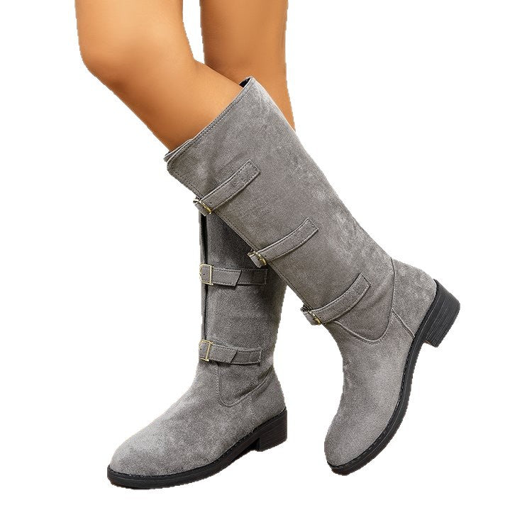 Damen Overkneestiefel mit modischen Schnallen und robustem Profilsohle R&B