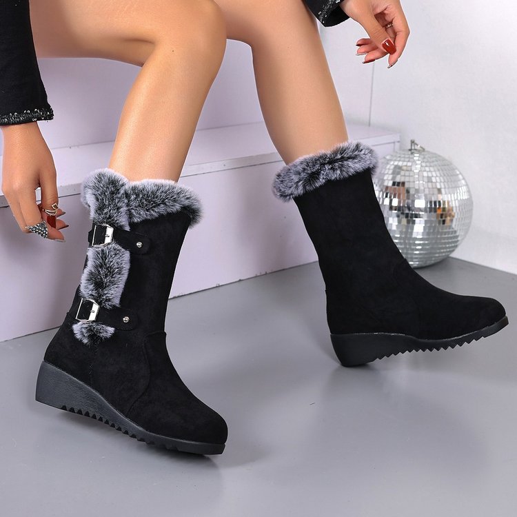Damen Wedge-Stiefel mit gefüttertem Kunstfellkragen und verstellbaren Schnallen R&B