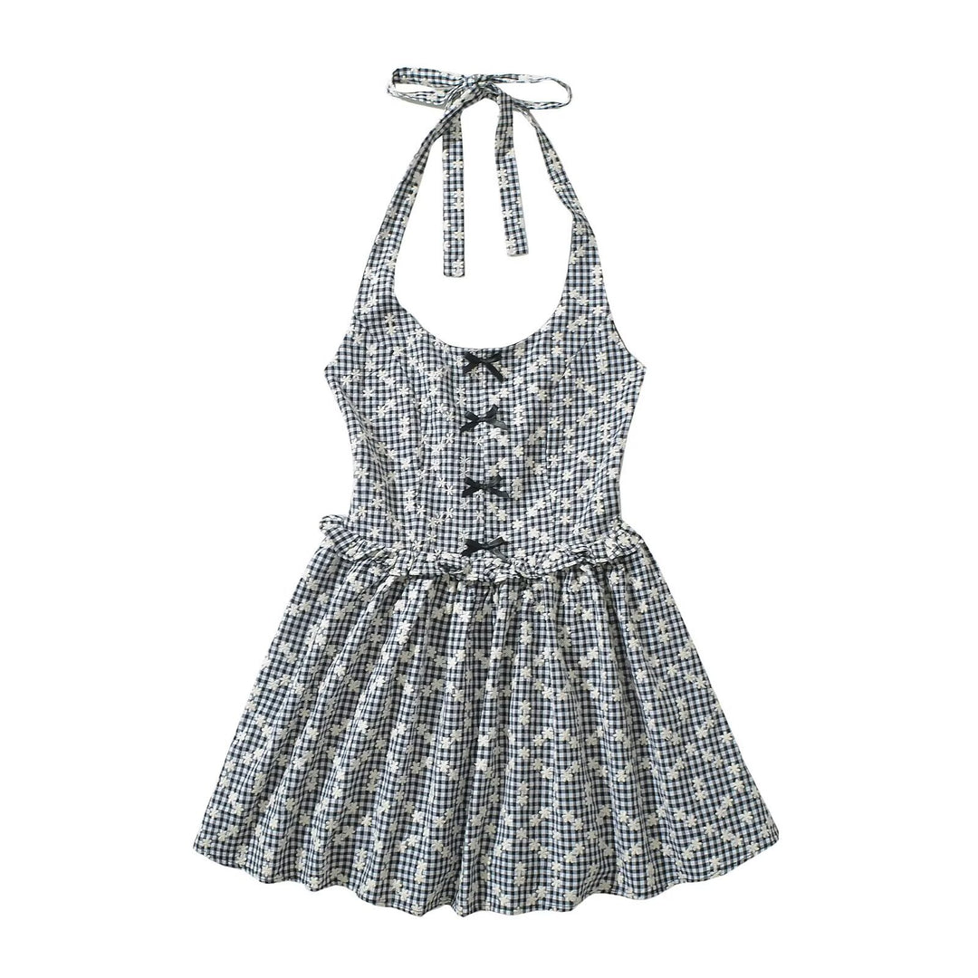 Damen Freizeitkleid mit verspieltem Halterneck und floralem Karodesign R&B