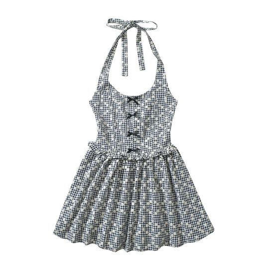Damen Freizeitkleid mit verspieltem Halterneck und floralem Karodesign R&B