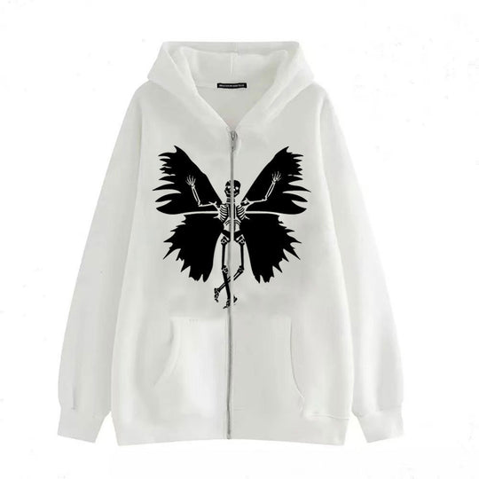 Damen Zip-Hoodie mit einzigartigem Skelett- und Schmetterlingsmotiv R&B