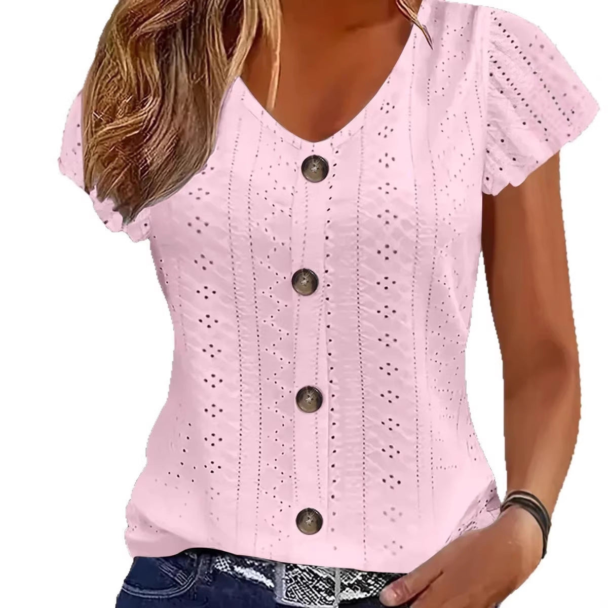 Damen luftige Bluse mit filigranem Lochmuster und Knopfdetails R&B