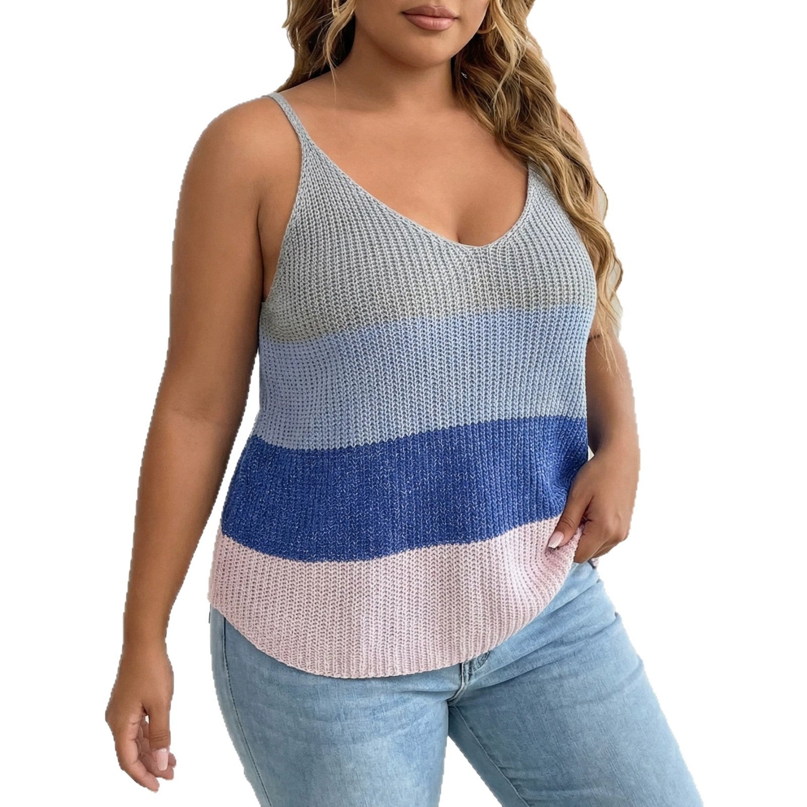 Damen luftiges Stricktop mit V-Ausschnitt und buntem Muster R&B