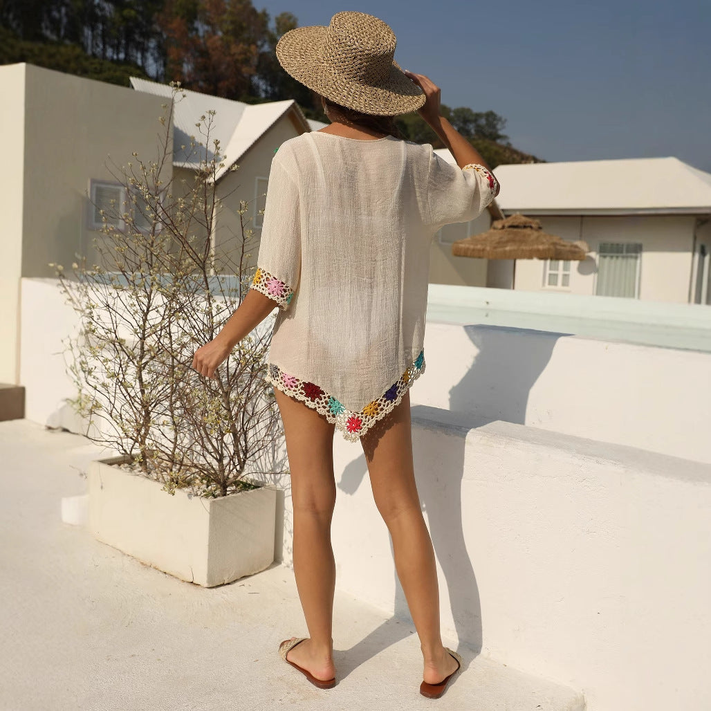 Damen luftiger Kaftan mit buntem Häkelmuster R&B