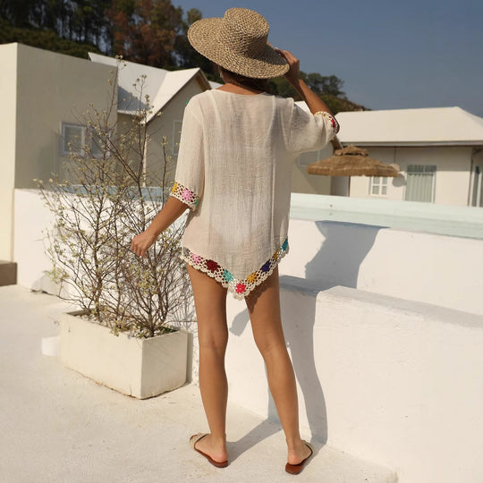 Damen luftiger Kaftan mit buntem Häkelmuster R&B