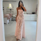 Damen Maxikleid mit transparentem Oberteil und feinem Spitzenmuster R&B