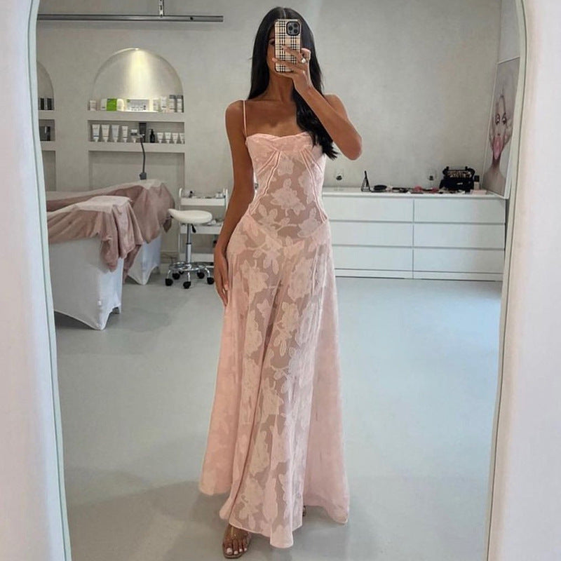 Damen Maxikleid mit transparentem Oberteil und feinem Spitzenmuster R&B