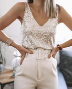 Damen Glitzerndes Tanktop mit V-Ausschnitt R&B