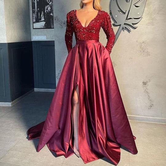 Damen Glamouröses Abendkleid mit tiefem V-Ausschnitt und schimmernden Pailletten R&B