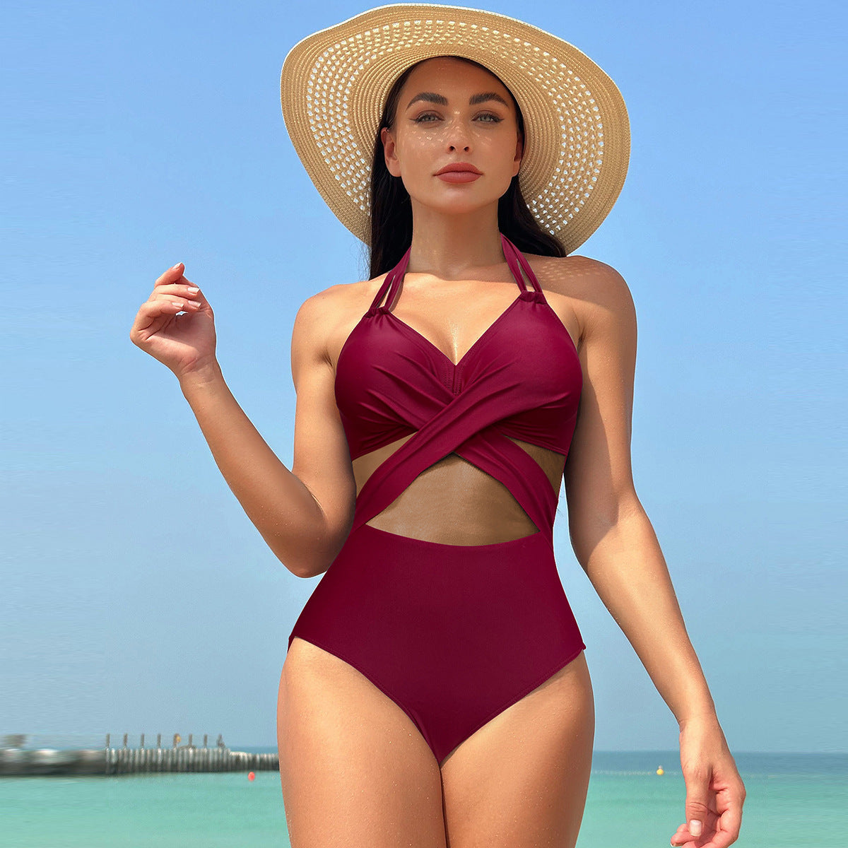 Damen Einteiliger Badeanzug mit stylishen Mesh-Elementen R&B