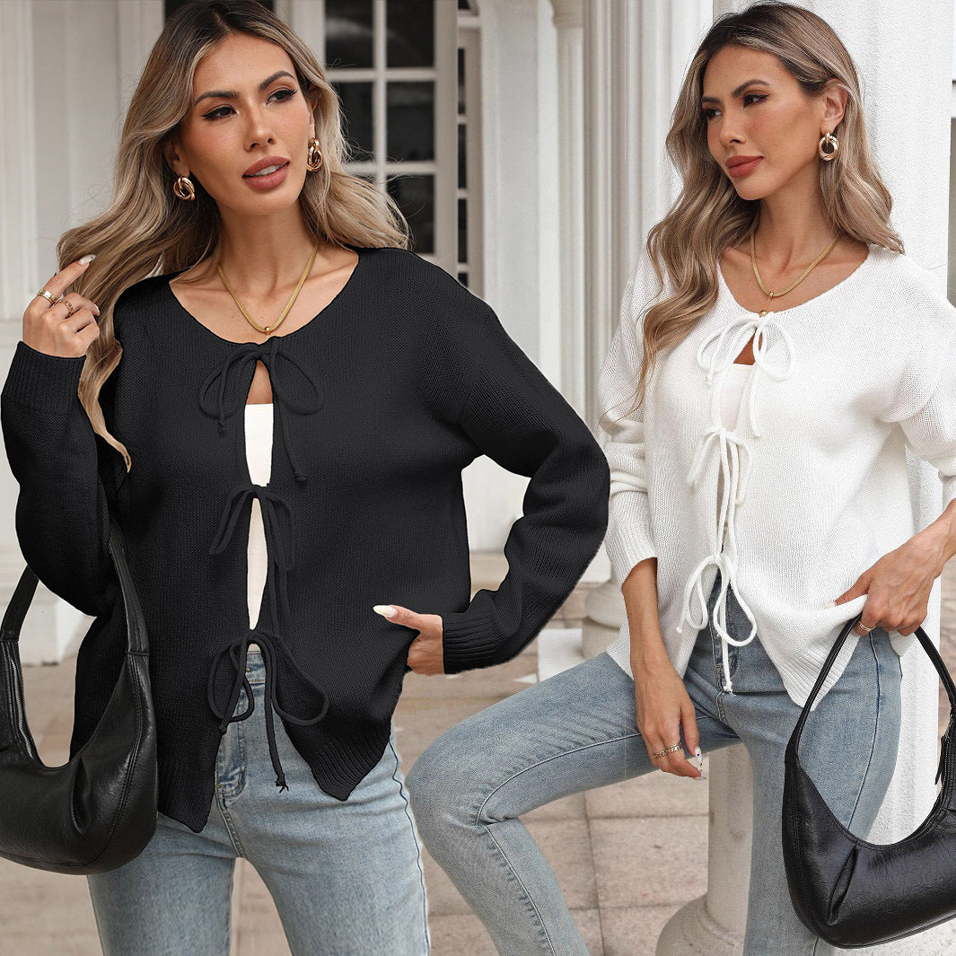 Damen lockere Strickjacke mit Tunnelzug R&B