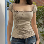 Damen Spitzenhaftes Oberteil mit floralen Details und Rüschensaum R&B