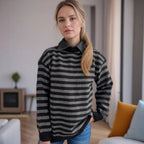 Damen lässiger Pullover mit strukturellem Streifenmuster und modischem Kragen R&B