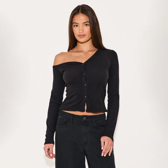 Damen Off-Shoulder Cropped Cardigan mit Knopfleiste R&B