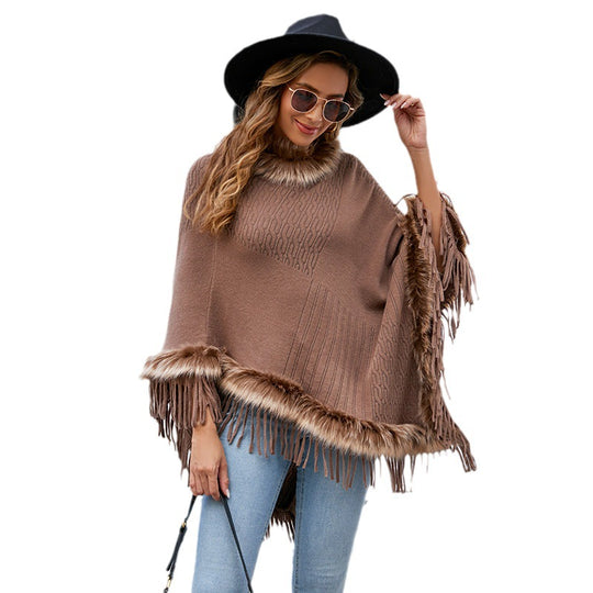 Damen eleganter Poncho mit luxuriösem Kunstfellkragen und dekadenten Fransen R&B